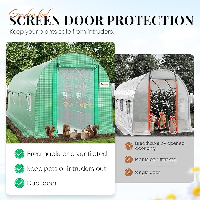 KING BIRD Premium 15x7x7 FT Greenhouse for Outdoors, Large Walk-in Heavy Duty Galvanized Steel Frame, Mesh Door Screen Window Tunnel Hoop Garden Plant Winter Hot House with Irrigation Kit, Green