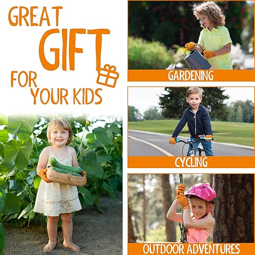 HANDLANDY 2 Pairs Kids Genuine Leather Gardening Gloves for age 2-9, Children Work Gloves for Boys, Girls, Toddlers (Orange, M)
