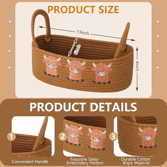 Vesici Highland Cow Storage Basket for Toilet Tank, Cotton Rope Bathroom | Farmhouse Decor Organizer with Handle, Holds Toilet Paper Rolls, Tank Top and Countertop Storage, 13x6x4 Inch