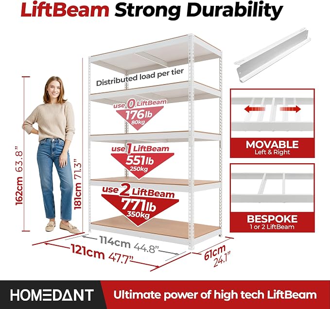 HOMEDANT White 47.7" Deep 5 Tier Storage Shelves Garage Shelving Unit Metal