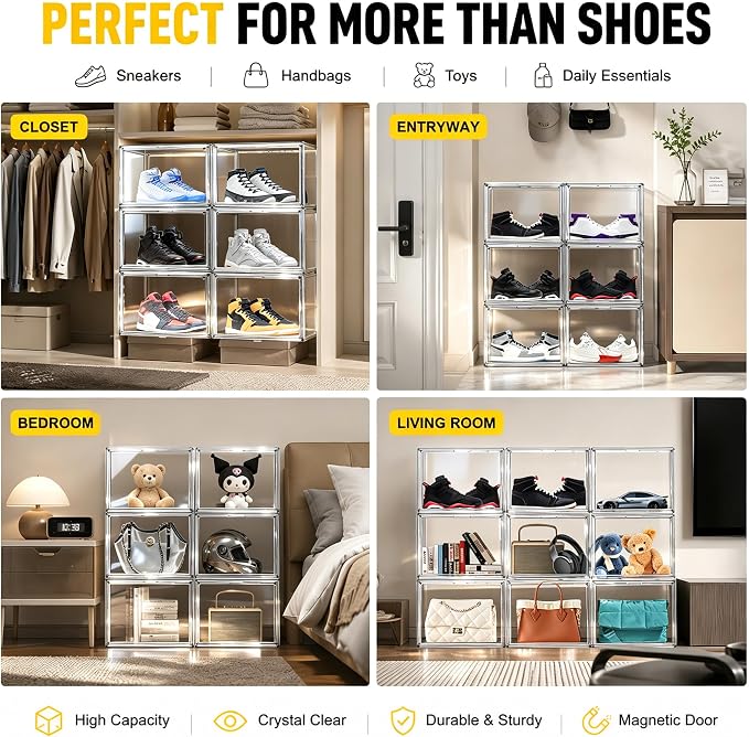 12 Pack Clear High-Top Sneaker Storage Boxes, Acrylic Shoe Organizer