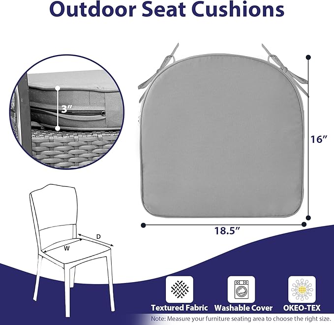 IPYNBAP Outdoor Chair Cushions Set of 4 -Waterproof Outdoor Seat Cushions for Patio Furniture, Patio Chair Cushion with Handle and Ties, Round Out Door Chair Pads,18.5" x 16" x 3", Grey