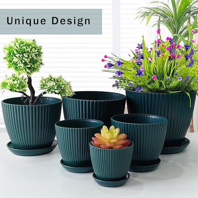 RooTrimmer 7.5/6.5/5.5/4.9/4.2/3.5 Inch Plant Pots with Saucers & Drain Holes - Indoor/Outdoor Flower Pots for Succulents, Herbs, Cactus - Modern Lightweight Durable Planter Set, Dark Green