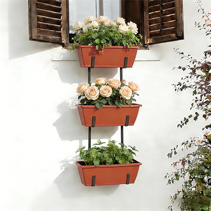 OYEAL Railing Planter Box Outdoor 3 Tier Vertical Hanging Flower Pots with Adjustable Brackets Window Boxes Planter Plastic Flower Pots for Patio, Deck, Porch Railing, Balcony Fence, Brick Red