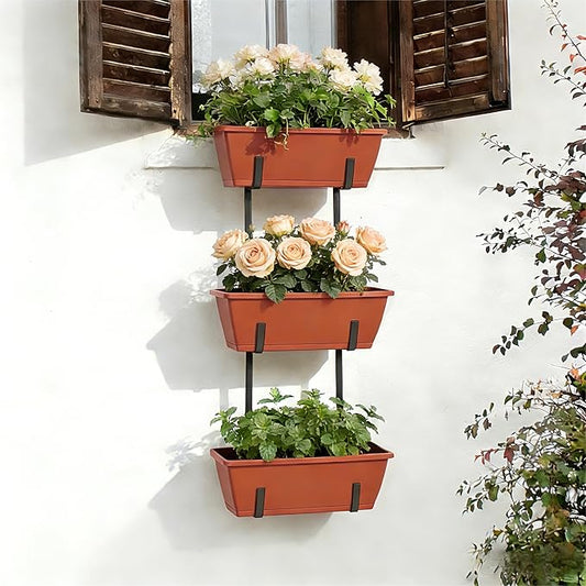 OYEAL Railing Planter Box Outdoor 3 Tier Vertical Hanging Flower Pots with Adjustable Brackets Window Boxes Planter Plastic Flower Pots for Patio, Deck, Porch Railing, Balcony Fence, Brick Red