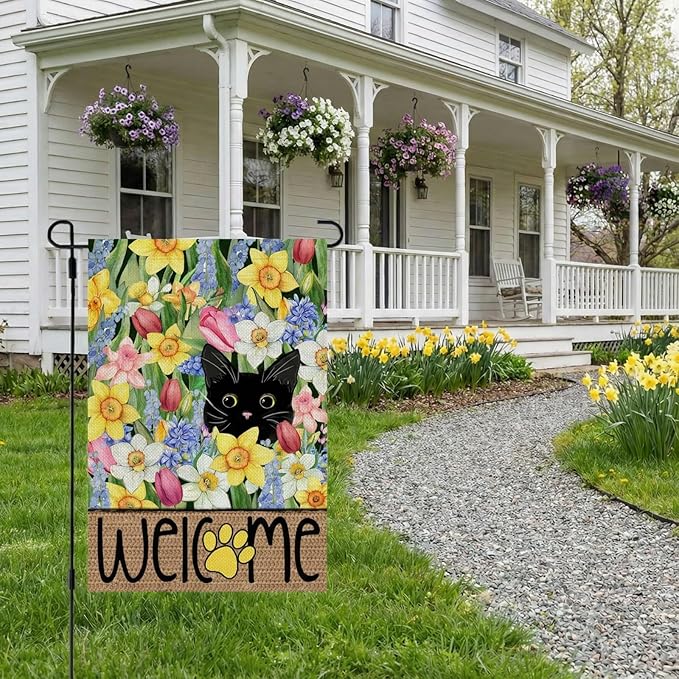 CROWNED BEAUTY Spring Garden Flag Black Cat 12x18 Inch Double Sided Small Seasonal Holiday Floral Decoration for Outdoor Lawn Yard