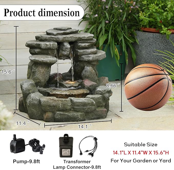 Bumilgar 15.6" H Small Garden Outdoor Rock Water Fountain with LED Lights, 3-Tier Cascading Waterfall Fountain for Patio, Porch, Backyard & Indoor Home Decor