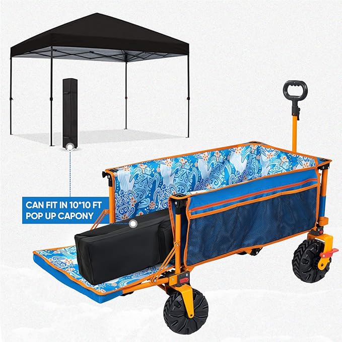Old Bahama Bay 300lbs Extra Long 49" L Beach Wagon with Big Wheels with Brake for Sand, Collapsible Utility Beach Cart Heavy Duty Folding Wagon,Ideal for Outdoor Sand Camping Garden Pet