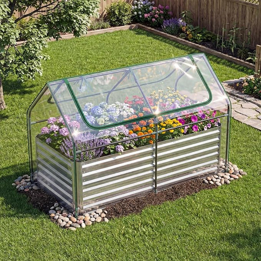 Giantex 3-in-1 Metal Raised Garden Bed with Greenhouse Cover, 6x3x4 FT Galvanized Elevated Outdoor Planter Box with Roll-Up Windows, Open Base Grow Box for Vegetables, Flowers and Herbs, Silver