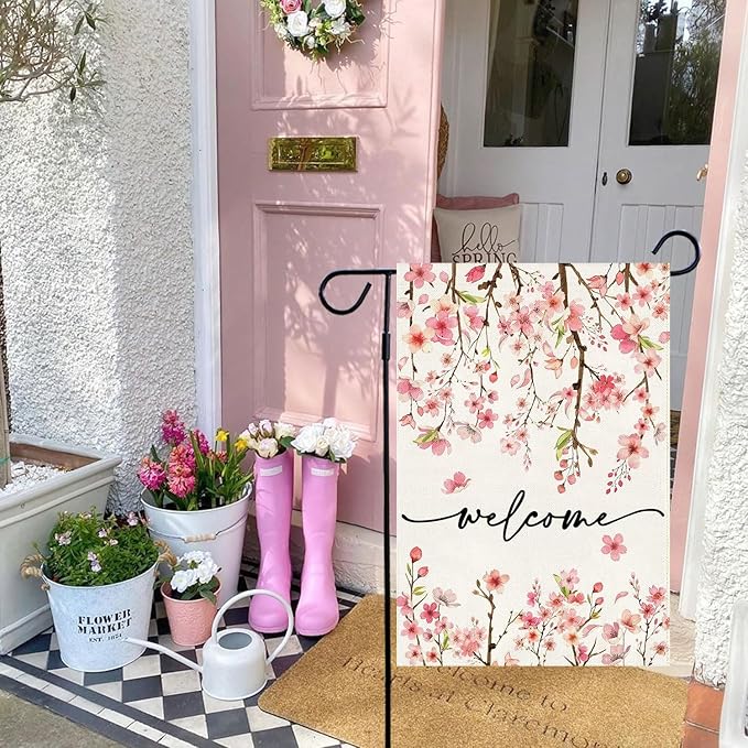 Baccessor Spring Summer Welcome Garden Flag 12.5 x 18 Inch Double Sided Burlap Pink Floral Cherry Blossom Farmhouse Small Yard Flag Summer Holiday Seasonal Outdoor Outside Decoration