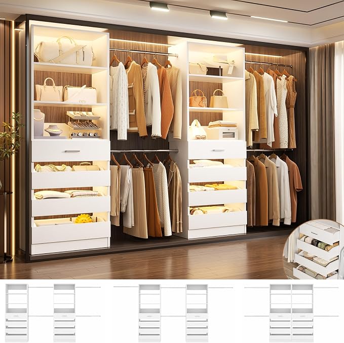 Aheaplus Closet System, 6-15Ft Closet Organizer with 8 Wooden Drawers,White