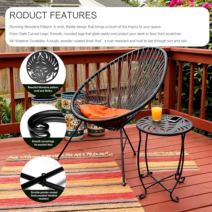 Outdoor Side Tables 2 Pack, 15" Height Tool-Free Metal Patio End Table with Monstera Pattern, Compact Space Saving Plant Stand for Balcony Porch Deck, Weather Resistant, Black