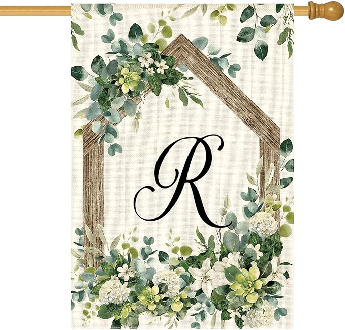 AVOIN colorlife Initial Letter R Monogram House Flag 28x40 Inch Double Sided Outside, Spring Floral Family Last Name Yard Decoration
