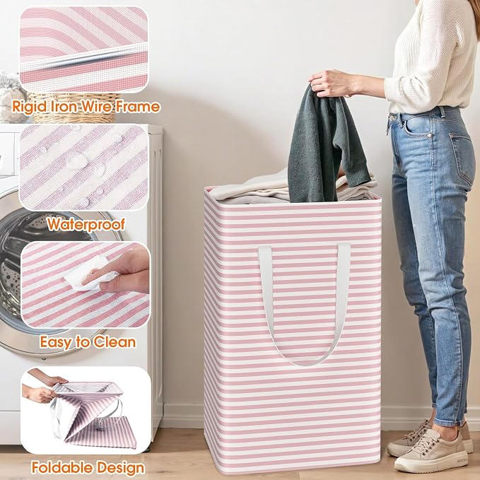 3-Pack Laundry Basket, Collapsible Laundry Hampers, 75L, Pink | Freestanding, Waterproof, Foldable Laundry Bin with Reinforced Handles, Dirty Clothes Hamper Basket for Bathroom, Dorm,Camper