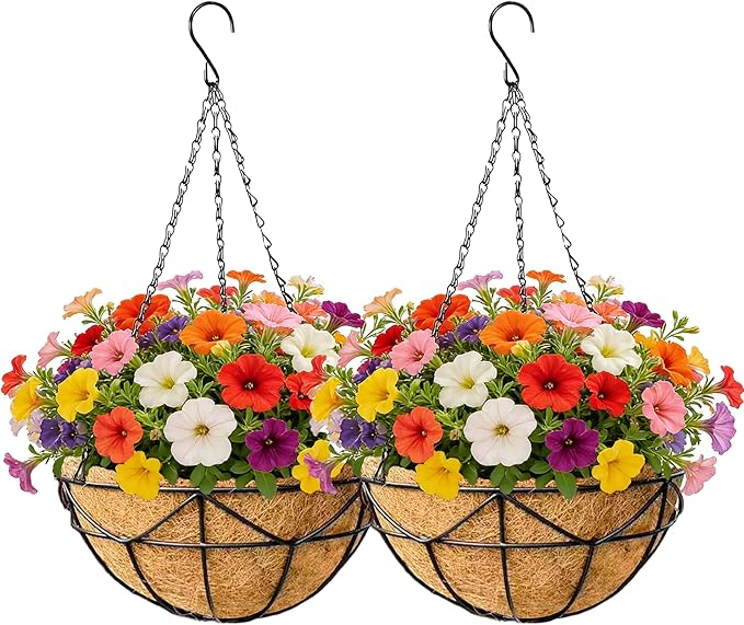 EIMQUVW 2 Pack Hanging Planters with Coconut Liner Metal Outdoor Hanging Baskets with Chains 12 Inch Durable Wire Flower Pots for Porch Garden Spring Summer Decor
