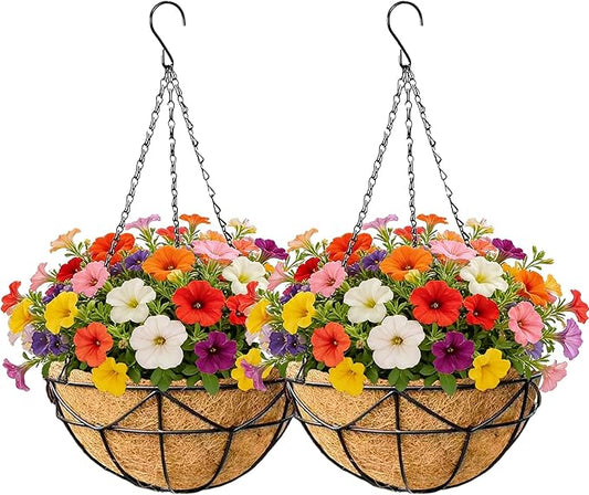 EIMQUVW 2 Pack Hanging Planters with Coconut Liner Metal Outdoor Hanging Baskets with Chains 12 Inch Durable Wire Flower Pots for Porch Garden Spring Summer Decor