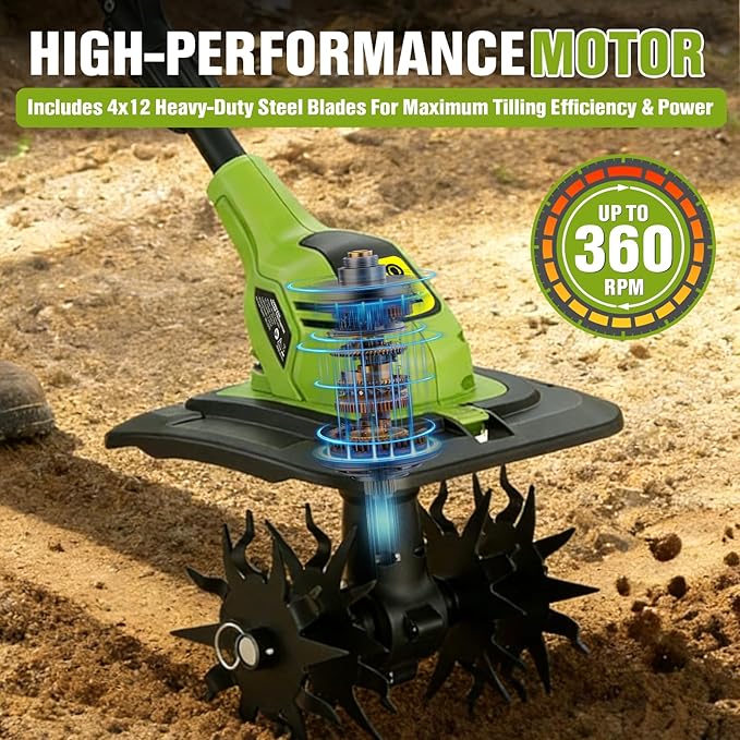 Electric Tiller Cultivator for Gardening, 360RPM Cordless Tiller with 48 Steel Tines, 9 Inch Tilling Width, 20V Battery Powered Garden Cultivator, Small Garden Tiller for Soil with 2 * 2.0Ah Batteries