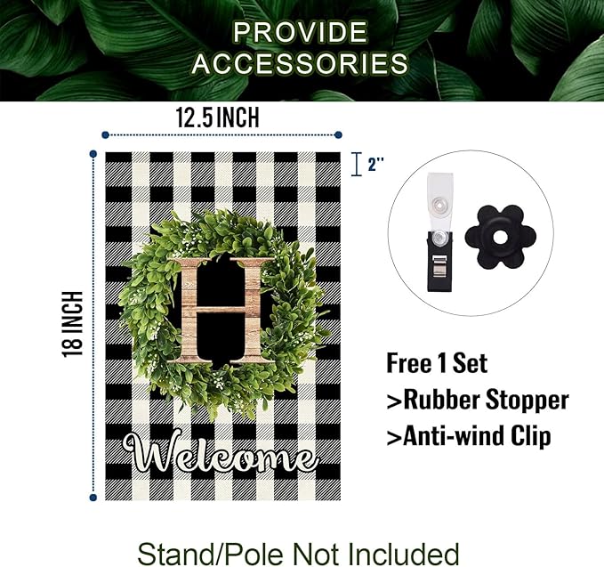Baccessor Monogram Letter H Garden Flag 12.5 x 18 Inch, Buffalo Plaid Family Last Name Initial Boxwood Wreath Welcome Vertical Double Sided Small Flags for Outdoor Outside Decoration