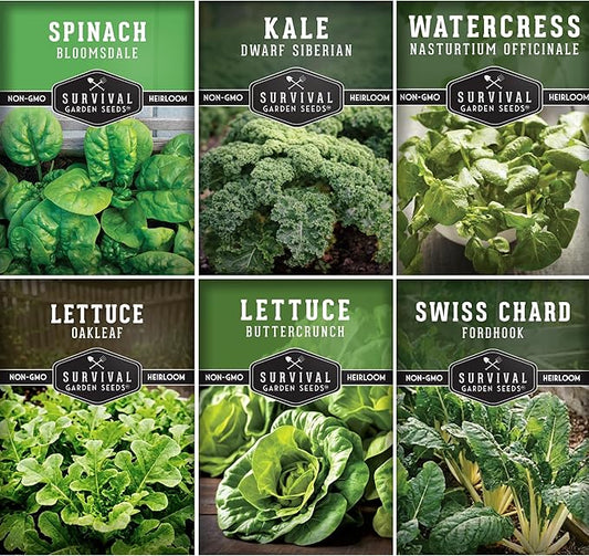 Hydroponics Vegetable Seed Collection for Planting - Watercress, Spinach, Siberian Kale, Swiss Chard, Buttercrunch, Oakleaf Lettuce Varieties to Grow Indoors Non-GMO Heirloom Survival Garden Seeds