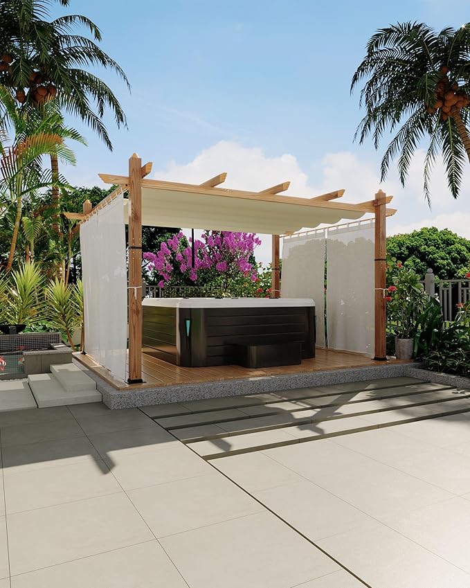 KYBOLT 10x13 Ft Outdoor Pergola with Retractable Canopy Aluminum Gazebo Imitation Wood-Grain Post with Side Mesh Screen Pavilion for Backyard Deck(Beige+White)