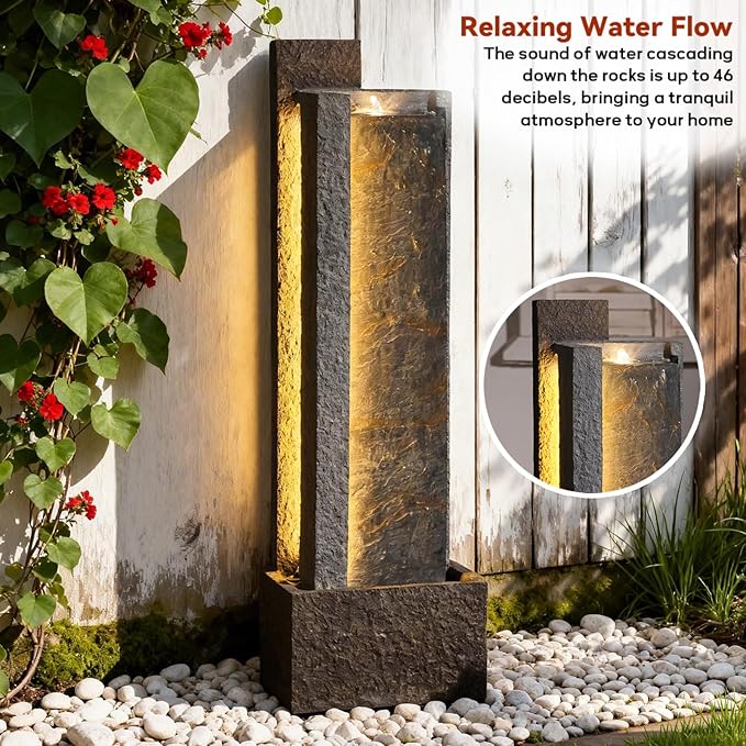 Sunlinua 43H Modern Outdoor Water Fountain with LED Light Garden Cascading Waterfall Feature for Indoor or Outdoor Cascading Waterfall for Relaxing Garden Patio Backyard Deck Porch or Home Décor
