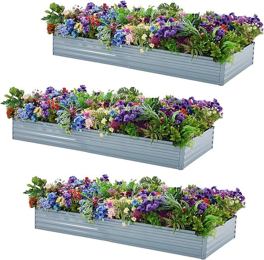 Meberam 3 Pack 6x3x1FT Galvanized Raised Garden Bed Kit, Outdoor Metal Planter Box for Vegetables, Bottomless Rectangular Gardening Bed with Support Rods, Tool-Free Assembly, Gray