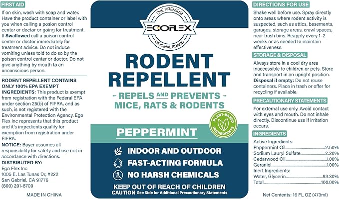 Peppermint Oil Spray for Rodents - Mice, Rat, Squirrel & Mouse Repellent - Natural Peppermint Essential Oil Indoor & Outdoor Deterrent Control for Home, Garage, Attic, RV & Car Engines - 16 Fl Oz