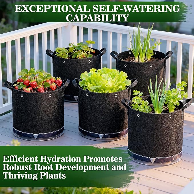 5 Pack 7 Gallon Self-Watering Grow Bags, Thick Nonwoven Fabric Pots with Support Rings and Reinforced Handles, Self-Watering Planter with Bottom Reservoir for Tomatoes Peppers Potatoes and Vegetables