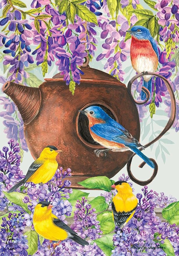 Teapot Birdhouse Spring Garden Flag Goldfinches Floral 12.5"x18" Briarwood Lane