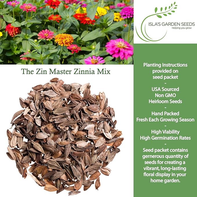 Zin Master Mix Zinnia Seeds (Zinnia elegans) – 200+ Heirloom Non GMO Flower Seeds by Isla’s Garden Seeds, Easy Growing Colorful Summer Blooms for Pollinators, Beds, Borders, Cutting Gardens, Gift Idea
