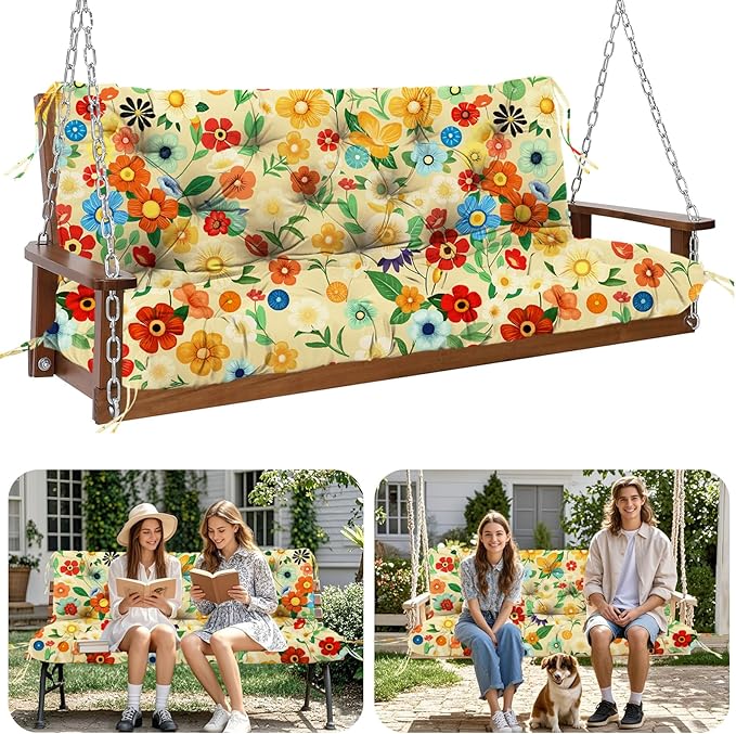 Extra Thick 5" Waterproof Porch Swing Cushions Outdoor 60 inch Swing Cushions 3 Seater Replacement with Backrest and Ties for Outdoor Furniture Patio Bench Garden (Flower03)
