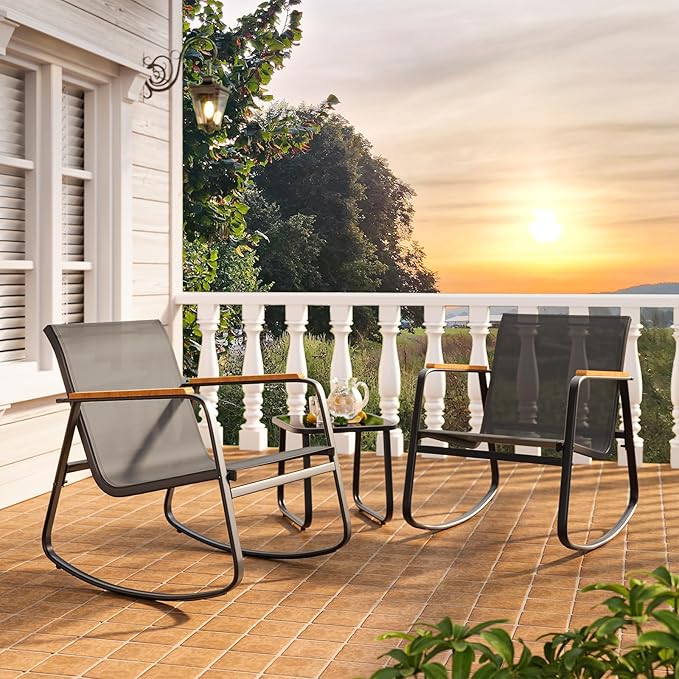Ahomly 3 Pieces Patio Furniture Set Textilene Fabric Outdoor Patio Rocking Bistro Set with Wooden Armrests and Coffee Table for Lawn, Porch, Balcony, Poolside, Black