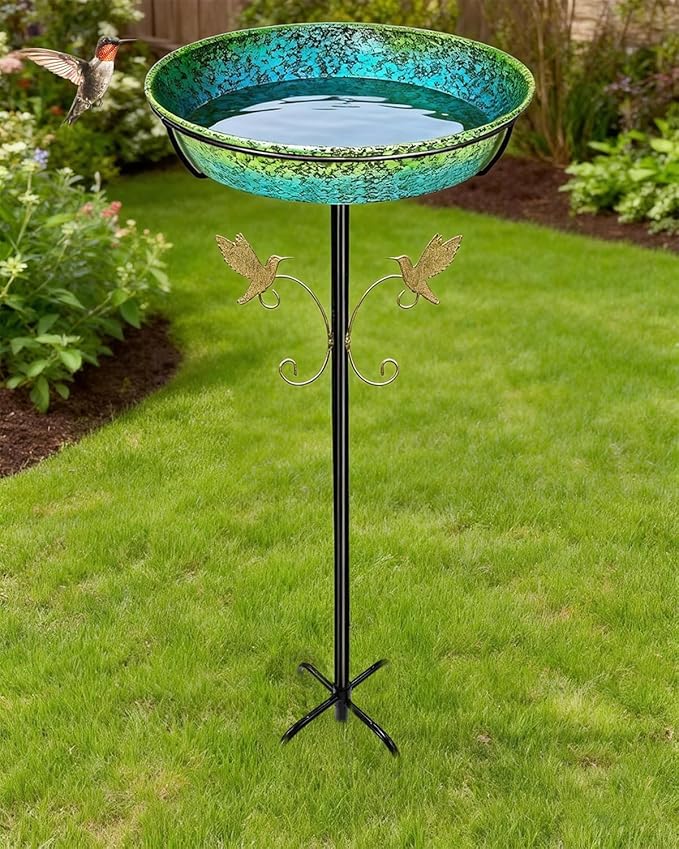 35" Metal Bird Bath for Outside Standing Metal Bird Bath Stake in Ground Iridescent Blue Green Birdbath with Scientifically Designed Color Lure for Birds 12" Detachable Bowl for Garden Patio Yard