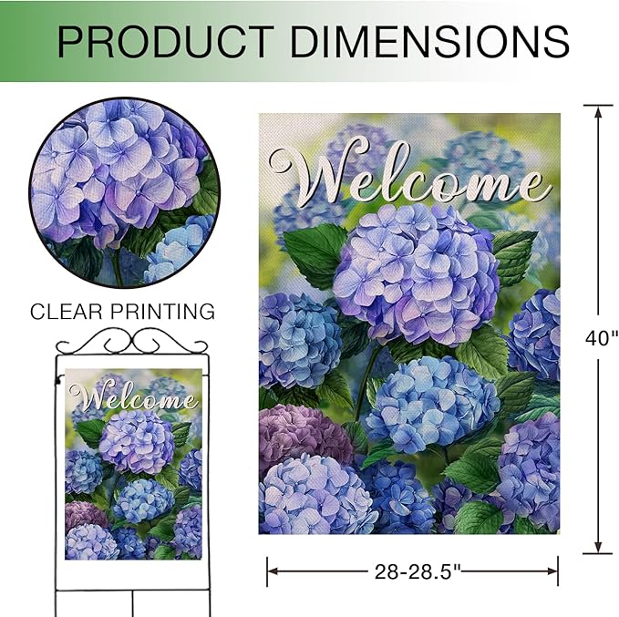 Hzppyz Welcome Spring Floral Flowers House Flag Double Sided, Hydrangea Decorative Garden Yard Outdoor Large Decor, Summer Farmhouse Burlap Home Outside Decoration 28 x 40