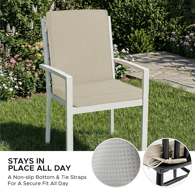 Outdoor Chair Cushions, Water-Resistant & Fade-Resistant, Patio Furniture Lawn Dining Chair Seat Replacement with Mid Back, Ties Zipper, Removable Cover, 18 x 16.5 Inch, Set of 1, Beige