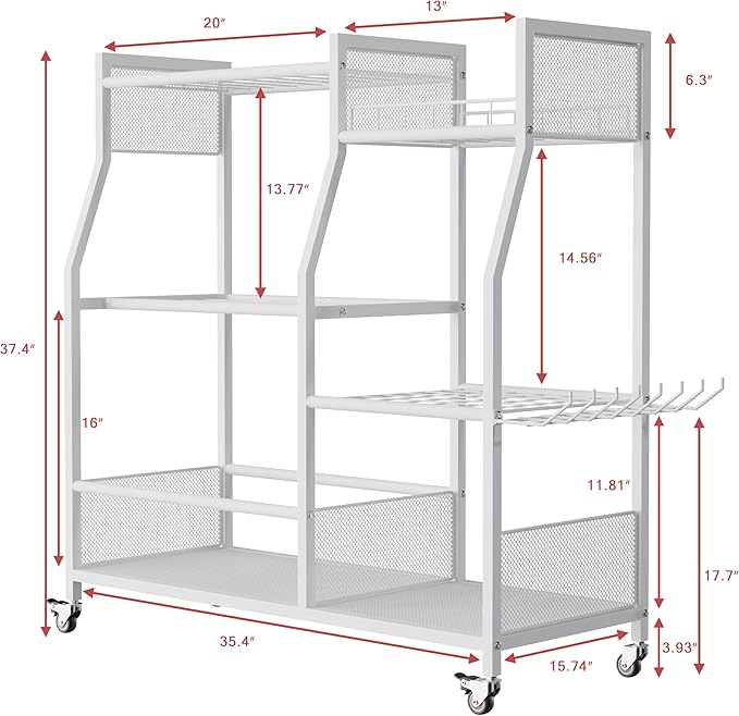 HOTEAGLE Yard Tool Organizer for Garage 35.4" Width High Stability Outdoor Metal Utility Rolling Cart with Mute Wheels, 18.5mm Thick Rods Ideal Garden Tool Rack, Easy to Clean,White