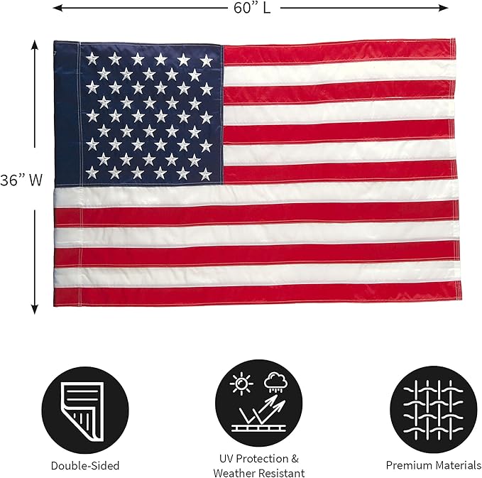 Evergreen Flag American Flag 3x5 Estate Size | Heavy Duty Outdoor Premium 310D | Embroidered Stars and Stripes and Quadruple Stitched Edge | USA Residential or Commercial