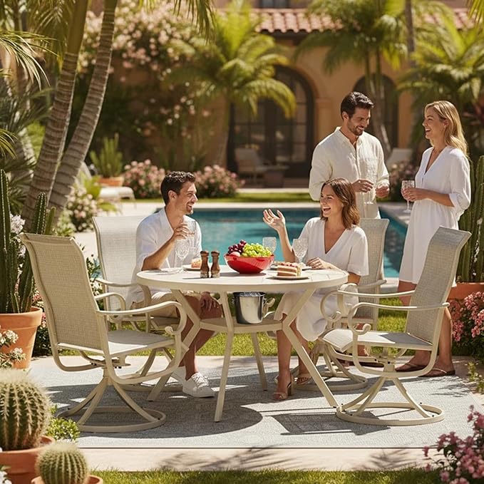 42" Outdoor Patio Table Dining Table, All Weather Metal Round Patio Table with Adjustable Umbrella Hole, Patio Furniture for Lawn Garden Backyard, Sandshell