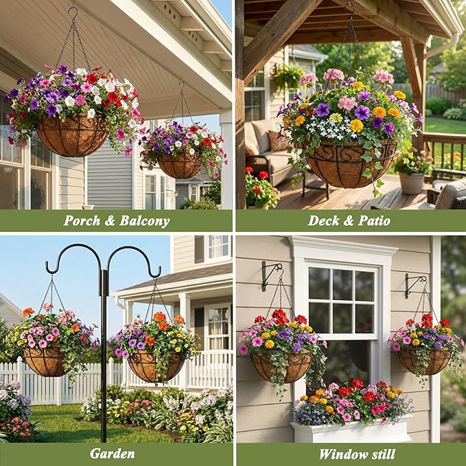 2 Pack Hanging Baskets for Plants Outdoor 14 Inch Metal Hanging Planters with Coco Coir Liner, Round Hanging Flower Pots for Home Garden Patio Balcony Porch