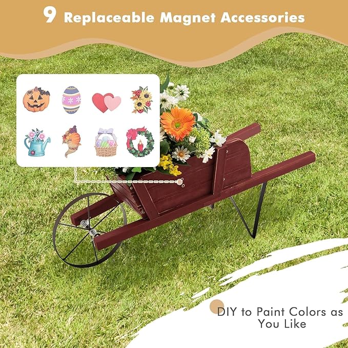 HAPPYGRILL Wooden Wagon Planter, Small Flower Planter Box w/Triangular Metal Support, 2 Energy-Saving Handles, Movable Wheel, Wood Wheelbarrow Cart Pot for Garden Backyard Holiday (Red)