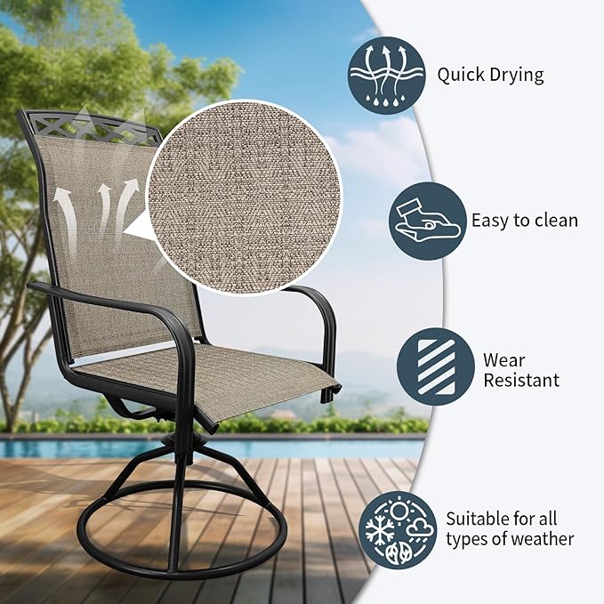 SHGJ&SOFT Patio Swivel Chairs, Waterproof Outdoor Dining Chairs with All-Weather Textilene Mesh for Deck, Garden, and Backyard (Patterned Backrest-Brown, Set of 2)