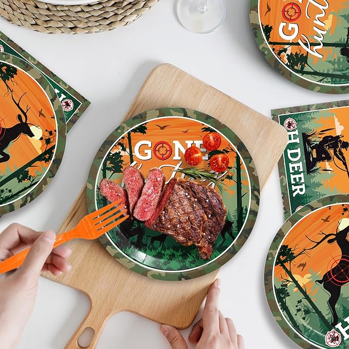 48Pcs Hunting Birthday Party Decorations,Camo Hunting Party Plates Napkins and Forks Supplies Set for 16 Guests