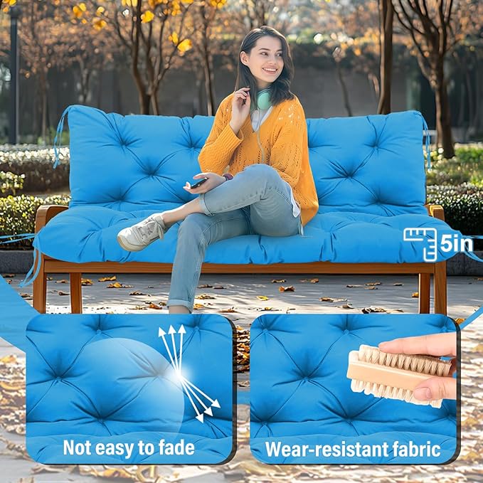 Premium 5" Thick Waterproof Porch Swing Cushions Sturdy Durable 2 Seat Replacement Outdoor Swing Cushions with Backrest&Ties Bench Cushion for Outdoor Furniture Backyard Patio Garden