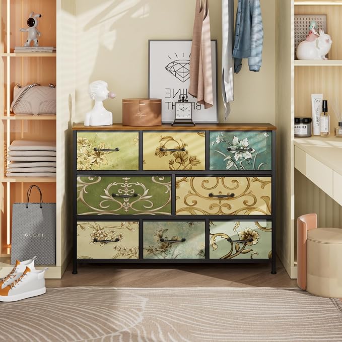 Furnulem 8 Drawer Dresser for Bedroom, Wide Vintage Fabric Chest of Drawers | Vintage Dresser for Closet, Fabric Storage Drawer Units, Retro Floral Dresser for Living Room, Hallway, Entryway, Wooden Top