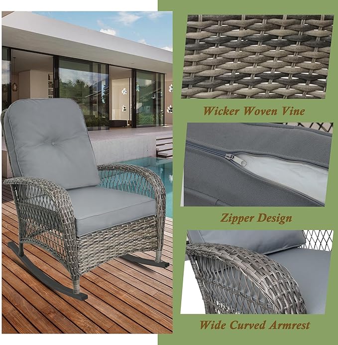 Outdoor Wicker Rocking Chair, All Weather Resin Rattan Wicker Rocking Chairs, for Garden Backyard Lown Porch,1pc,Grey