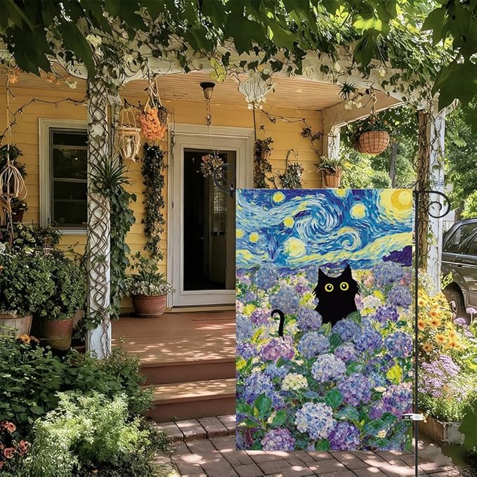 Baccessor Spring Summer Cat Garden Flag 12.5x18 Inch Double Sided Burlap with Clip and Stopper, Hydrangea Flowers Flags Starry Night Yard Lawn Seasonal Farmhouse Outside Outdoor Decoration