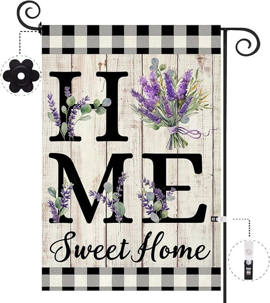 ORTIGIA Spring Summer Garden Flag 12.5 x 18 Inch Double Sided Burlap Home Sweet Home Purple Lavender Floral Flower Small Yard Flag Holiday Outdoor Outside Wedding Anniversary Decoration