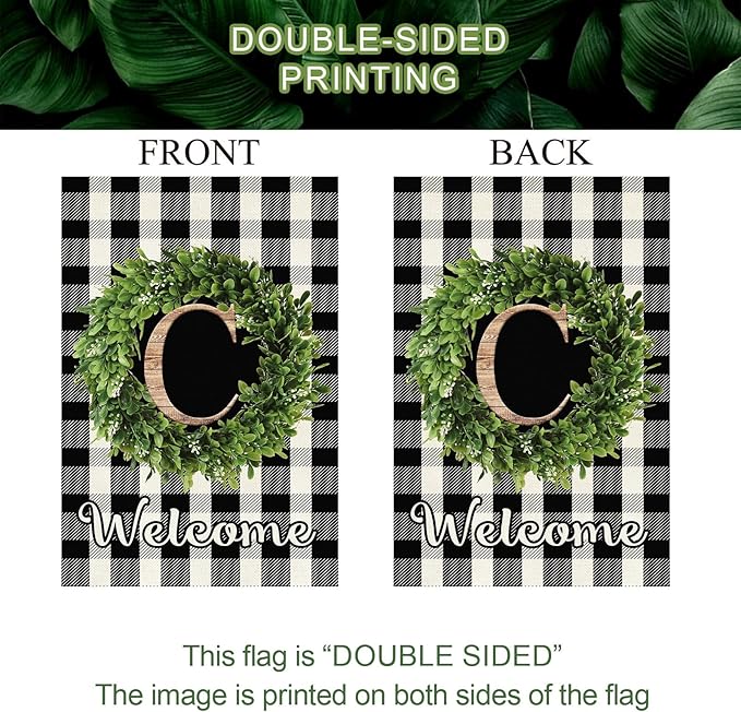 Baccessor Monogram Letter C Garden Flag 28 x 40 Inch, Buffalo Plaid Family Last Name Initial Boxwood Wreath Welcome Vertical Double Sided Large Flags for Outdoor Outside Decoration