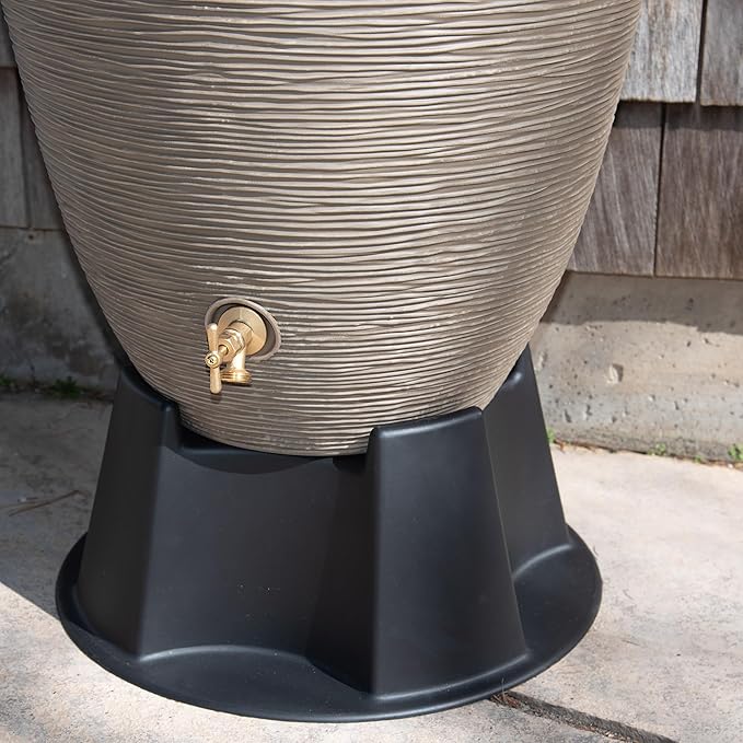 Newport 50‑Gallon Flat‑Back Rain Barrel with Stand & Planter Bundle – Sandstone | Removable Lid, UV-Stabilized Outdoor Water Storage