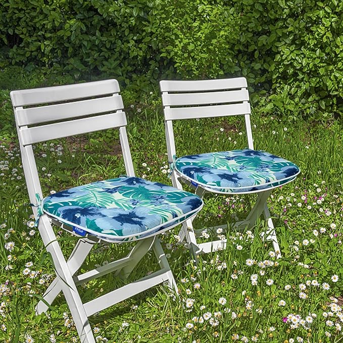 SleepMan Outdoor 17"x16" Chair Cushions with Ties Set of 8, Water Resistant All Weather U-Shape Seat Pads for Patio Garden Furniture Indoor Fade Resistant Patio Cushions (Blue Flower)